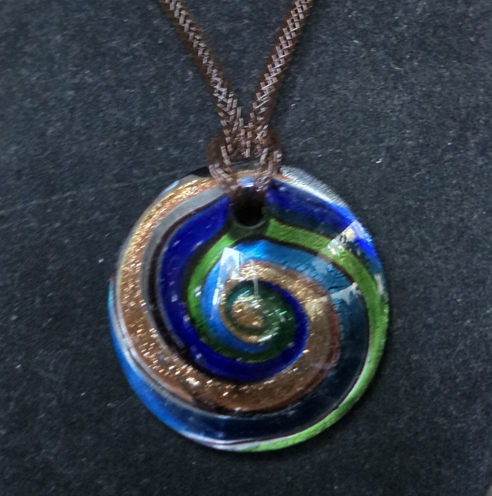 Hand blown glass Vibrant Spiral Pendant Necklace in Blue Green & Gold - Picture 3 of 5